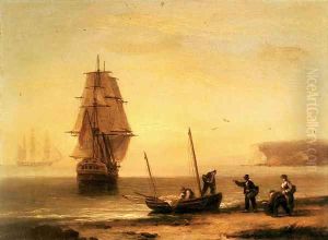 Fishermen unloading the catch with a merchant ship in calm water off Brymer Bay, Devon by Thomas Luny