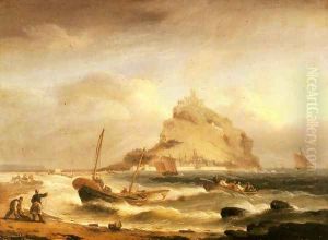 Fishermen rowing in, before St. Michael's Mount by Thomas Luny
