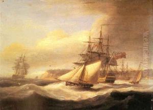 Naval ships setting sail with a revenue cutter off Berry Head, Torbay by Thomas Luny