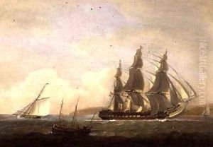 A frigate running under full sail with a cutter and a lugger off the West Country by Thomas Luny