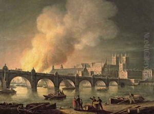 Westminster Bridge and the Burning of the Houses of Parliament from Lambeth by Thomas Luny