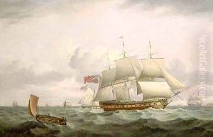 Indiamen a cutter and lugger in choppy seas by Thomas Luny
