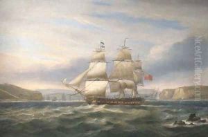 A British frigate of the 'Blockading Squadron' patrolling the harbour mouth at Brest by Thomas Luny