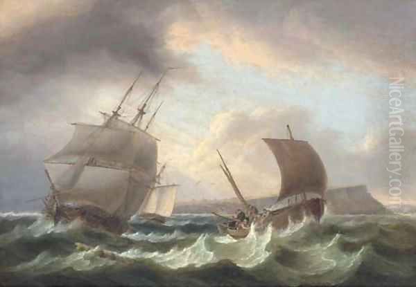 A frigate running out to sea, with a cutter astern of her and a fishing boat off to port - view 1