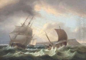 A frigate running out to sea, with a cutter astern of her and a fishing boat off to port by Thomas Luny
