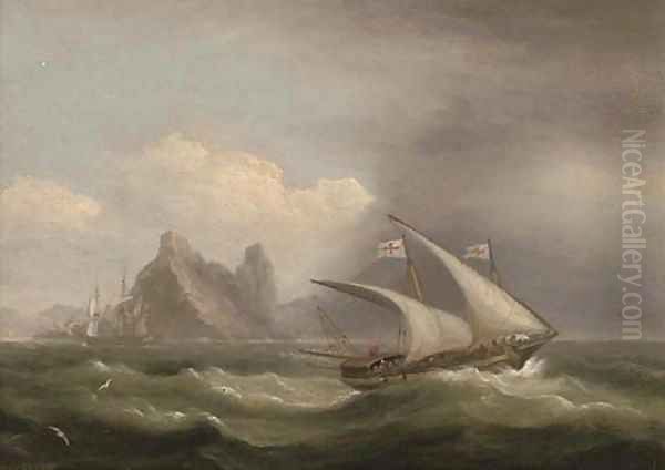 An armed xebec in the Mediterranean, a British frigate off her stern and running past a rocky coastline - view 1