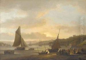 Shipping on the River Dart at Dittisham with women selling fish in the foreground by Thomas Luny