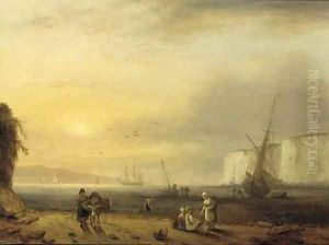 A coastal landscape with fisherfolk on the shore unloading the day's catch