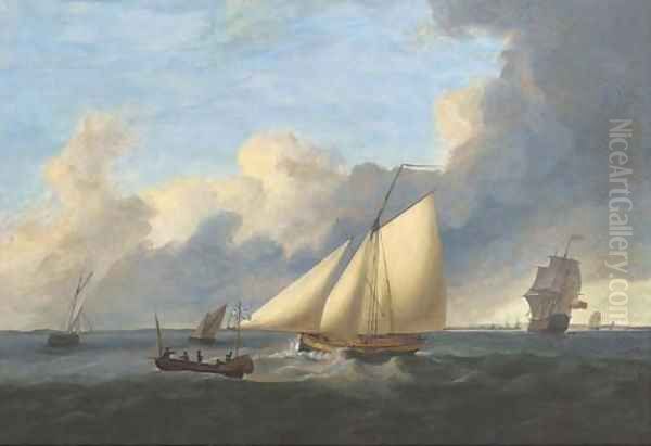 A First Rate ship-of-the-line arriving off a Naval port with an Admiralty cutter running down the coast astern of her - view 1
