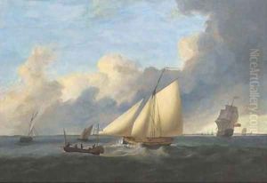 A First Rate ship-of-the-line arriving off a Naval port with an Admiralty cutter running down the coast astern of her by Thomas Luny