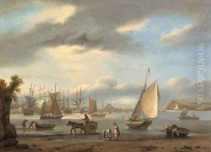 A view of Teignmouth, Devon with shipping and fisherfolk
