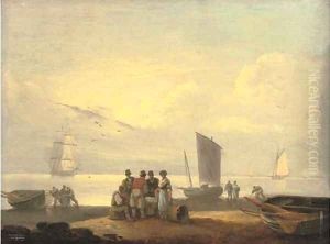 Coastal scene with fishermen on a beach in the foreground and sailing boats beyond by Thomas Luny