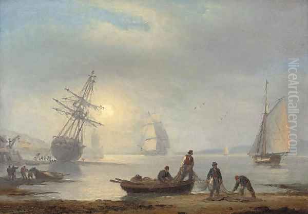 Fishermen sorting their nets on the foreshore at Teignmouth, at dusk - view 1