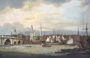 Merchant shipping at the wharfside below old London Bridge by Thomas Luny