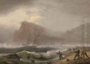 A brig running into the harbour at Teignmouth, the foreshore crowded with rescuers