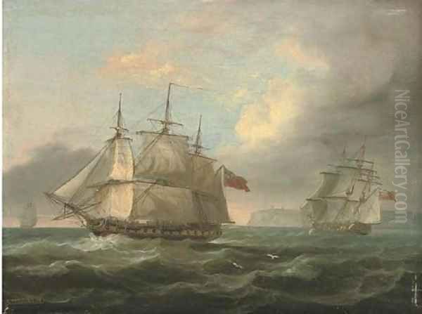 A man-of-war in two positions off the coast - view 1