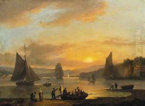 Boats in an estuary with figures disembarking in the foreground