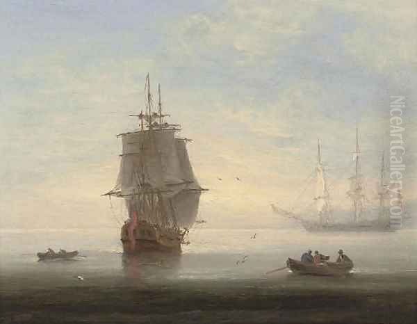 Frigates in an early morning calm, one making ready to put to sea - view 1