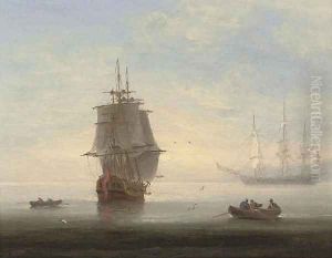 Frigates in an early morning calm, one making ready to put to sea by Thomas Luny