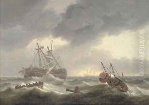 A Dutch man-o'war in distress with boats coming to the rescue