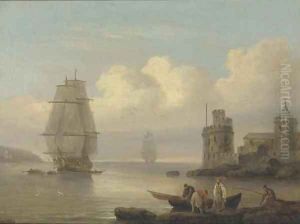 A frigate under tow at the entrance to Dartmouth Harbour