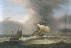 A merchantman reefed down in heavy seas running past a headland