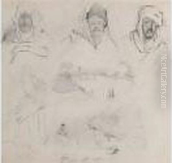 Etudes De Trois Personnages Arabes,paysages Et Bateaux - view 1