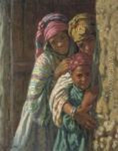 Deux Jeunes Filles Et Un Garcon Devant Une Porte A Bou Saada by Alphonse Etienne Dinet