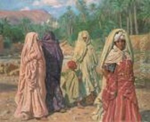 Femmes Traversant Le Lit Asseche De L'oued Bou Saada by Alphonse Etienne Dinet