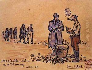 Soldiers peeling potatoes during the First World War at Marizelle in the Aisne Department by Jean Lefort