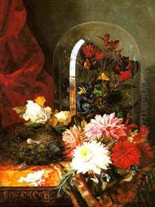Still life with chrysanthemums, birds in a glass dome and a bird's by Ellen Ladell