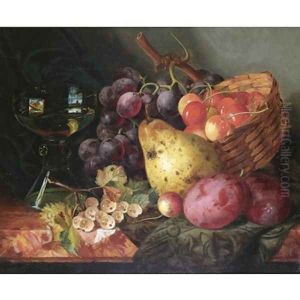 Still life with a basket of cherries, a pear, plums and white-currants on a marble ledge by Ellen Ladell