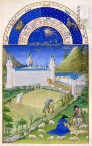 July harvesting and sheep shearing by the Limbourg brothers from the Tres Riches Heures du Duc de Berry by Pol de Limbourg