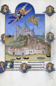 St Michael defeating the dragon above Mont St Michael by Pol de Limbourg