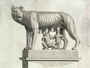 Drawing of the Etruscan bronze of the she wolf suckling Romulus and Remus by Antonio Lafreri