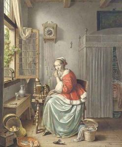 A spinner sitting beside an open window by Willem Joseph Laquy