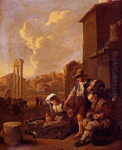 Peasant Family Having Bread And Wine, The Campo Vaccino, Rome, Beyond by Johannes Lingelbach