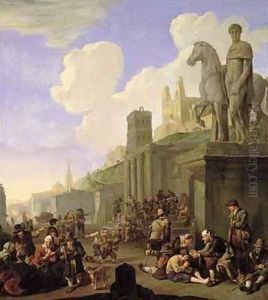 A Street Scene with a Capriccio of Roman Buildings by Johannes Lingelbach