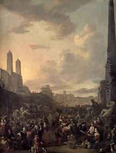 Capriccio View of Rome with a Market by Berninis Four Rivers Fountain, Santa Trinita dei Monti St Francesca Romana and the Arch of Titus beyond by Johannes Lingelbach