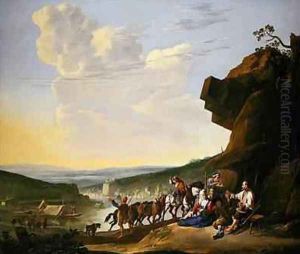 Extensive river landscape with peasants resting by a shack