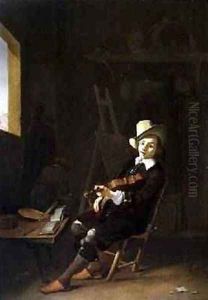 Self Portrait of the Artist Playing a Violin by Johannes Lingelbach