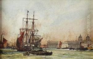 A Busy Thames View The Tower Of London In The Distance by Charles Edward Dixon