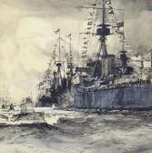 A Fleet Of Submarines Passing H.m.s. Dreadnought by Charles Edward Dixon