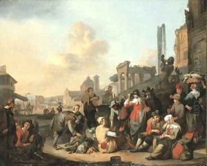 An elegant couple walking through a market in the Piazza del Popolo, Rome by Johannes Lingelbach