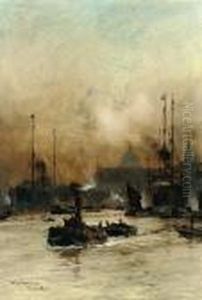 Bustling Activity On The Thames Before The Customs House