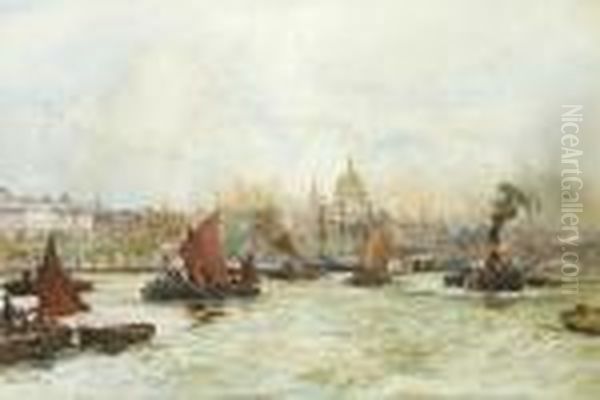 Barges, Tugs And Lighters Making
 The Most Of The Full Tide Above Blackfriars Bridge With St. Pauls 
Cathedral On The Skyline Beyond - view 1