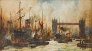 The Bustling River Below Tower Bridge by Charles Edward Dixon
