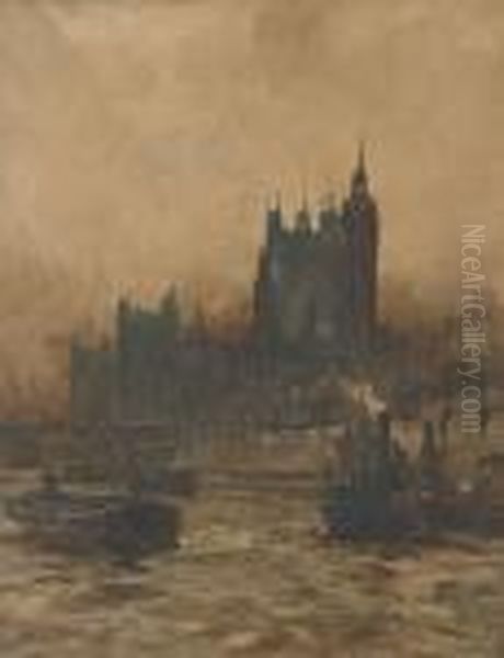 Tugs And Barges On The Thames Before The Palace Of Westminster - view 1
