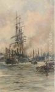 A Three-master Being Towed Down River On The Tide by Charles Edward Dixon
