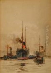 Ships, A Tug And Other Vessels In A River by Charles Edward Dixon